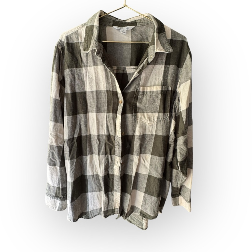 Old Navy Army Green Flannel Plaid Button-Up Shirt